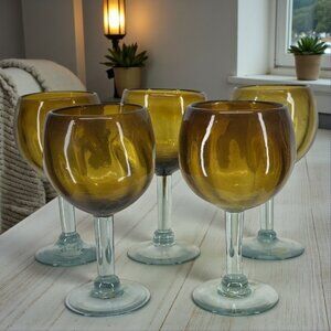HEAVY GLASS GOBLETS -- Vintage, Set of 5, Amber Stemware, Beer/Water/Margarita
